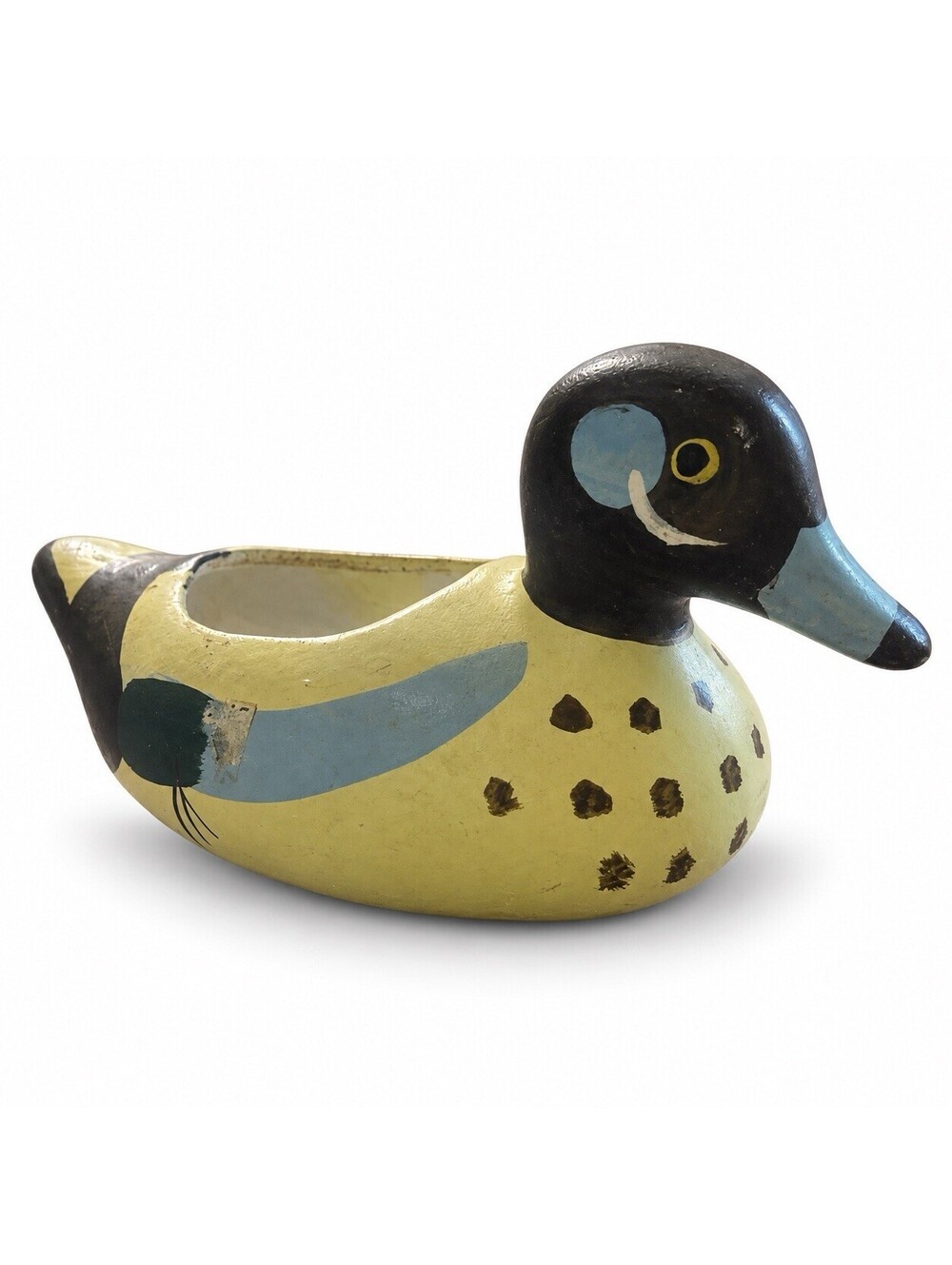 Vintage Hand Painted Wooden Mallard Duck Planter Folk Art Rustic Decor